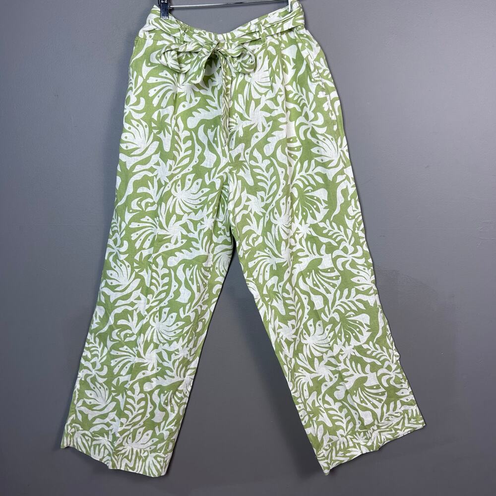 Rachel‎ Zoe pants size Large linen tropical wide leg elastic cream green comfort